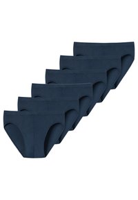 Dunkelblaue Baumwollslips im Set, mit glatter Textur und elastischem Bund. Sechs Stück ausgestellt, alle im gleichen Design und in der gleichen Farbe.