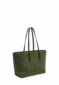 Zielona zamszowa torba tote z czarnymi skórzanymi uchwytami; prostokątny kształt z tłoczonym diagonalnym wzorem i subtelnymi akcentami sprzętowymi.