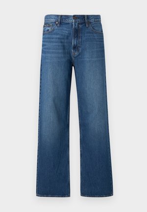 Blå, højtaljede, straight-fit jeans med knapper og lynlås foran, fem lommer og en lille mærket patch på højre lomme.
