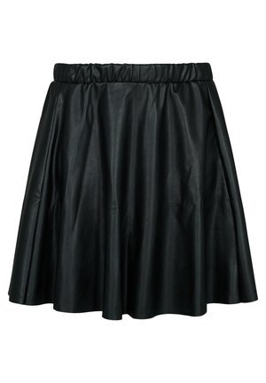Jupe droite noire en simili cuir avec taille élastique froncée et texture lisse légèrement brillante.