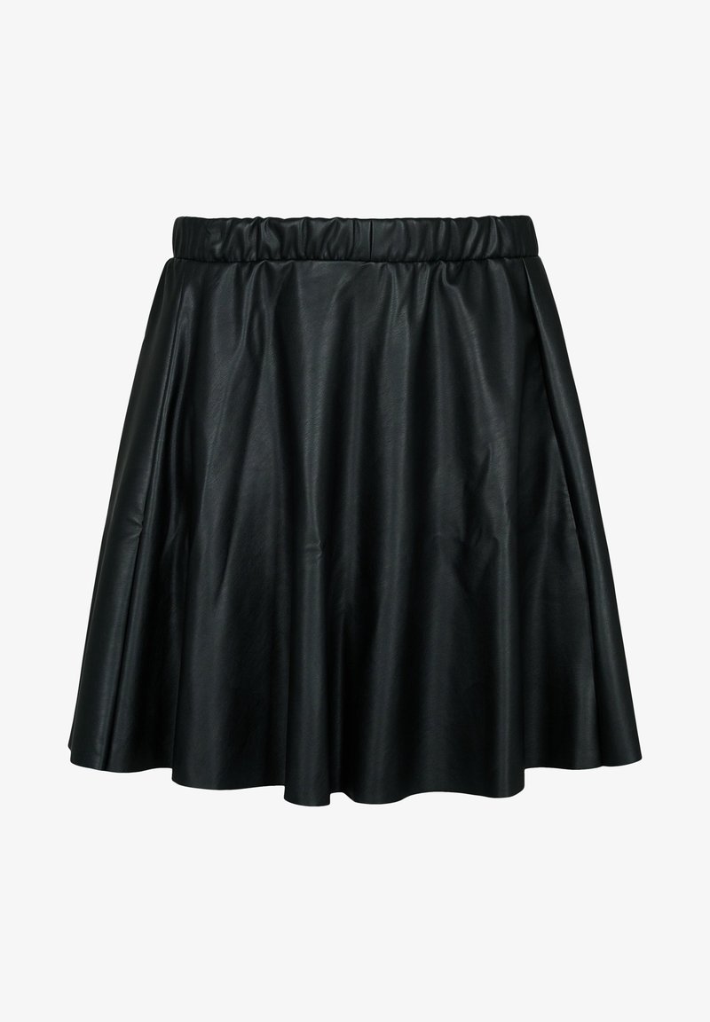 Jupe droite noire en simili cuir avec taille élastique froncée et texture lisse légèrement brillante.