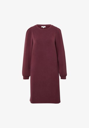 Vestido largo de manga larga en color burdeos, de corte relajado, confeccionado en tela suave. Cuenta con cuello redondo y puños fruncidos, con un diseño a la altura de la rodilla.