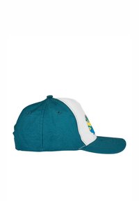 Cappellino turchese e bianco con cinturino regolabile, che presenta un personaggio dei cartoni animati sulla parte anteriore. Realizzato in misto cotone, ha una forma strutturata con visiera curva.