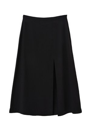 Jupe midi noire en tissu doux, présentant une silhouette droite avec une fente frontale pour faciliter les mouvements, une texture lisse et sans ornements.