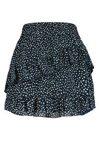 Černá volánková sukně s puntíkovaným vzorem. Vyrobena z lehkého materiálu s elastickým pasem. Obsahuje vrstvený design.