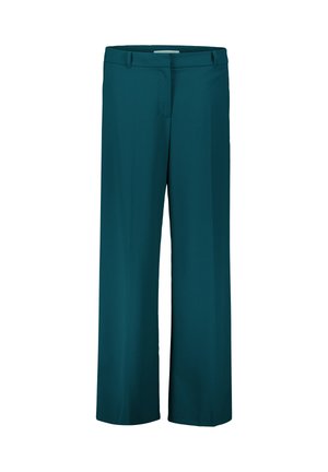 Pantaloni cropped blu in tessuto morbido, caratterizzati da una piega frontale, passanti per la cintura e chiusura con zip. Nessuna tasca visibile.
