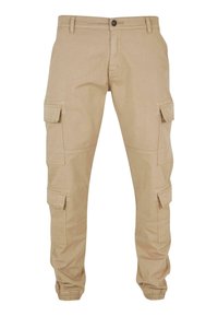 Beige Cargo-Hosen mit mehreren Seitentaschen, aus strapazierfähigem Stoff, mit tailliertem Knöchel-Design und elastischen Bündchen.