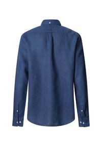 Donkerblauwe langekorte mouwen shirt van linnen, met een button-down kraag, een plooitje aan de achterkant en manchetten met knopen.