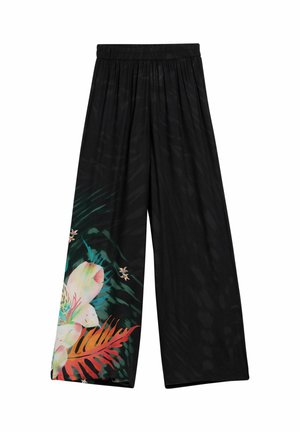 Pantalones negros de pierna ancha con cintura elástica y estampado floral colorido en la parte inferior de la pierna izquierda.