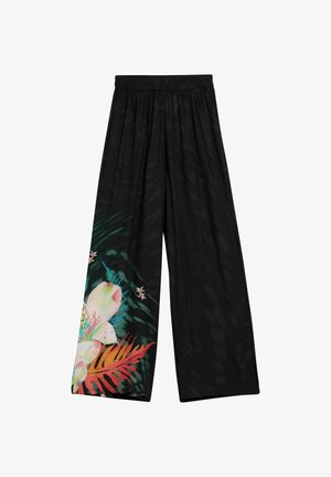 Crne široke hlače s elastičnim pojasom i šarenim cvjetnim uzorkom na donjem lijevom nožnom dijelu.