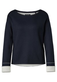 Marineblaue Strickjacke mit weitem Bootsausschnitt, langen Ärmeln und hellen Bündchen. Verfügt über eine subtile Textur und einem geraden Saum.