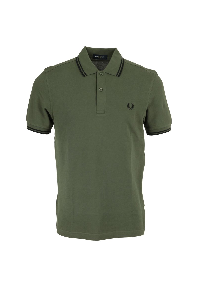 Polo olive en coton, doté d'une patte de boutonnage à deux boutons, de manches courtes et d'un empiècement noir contrastant au niveau du col et des manches.