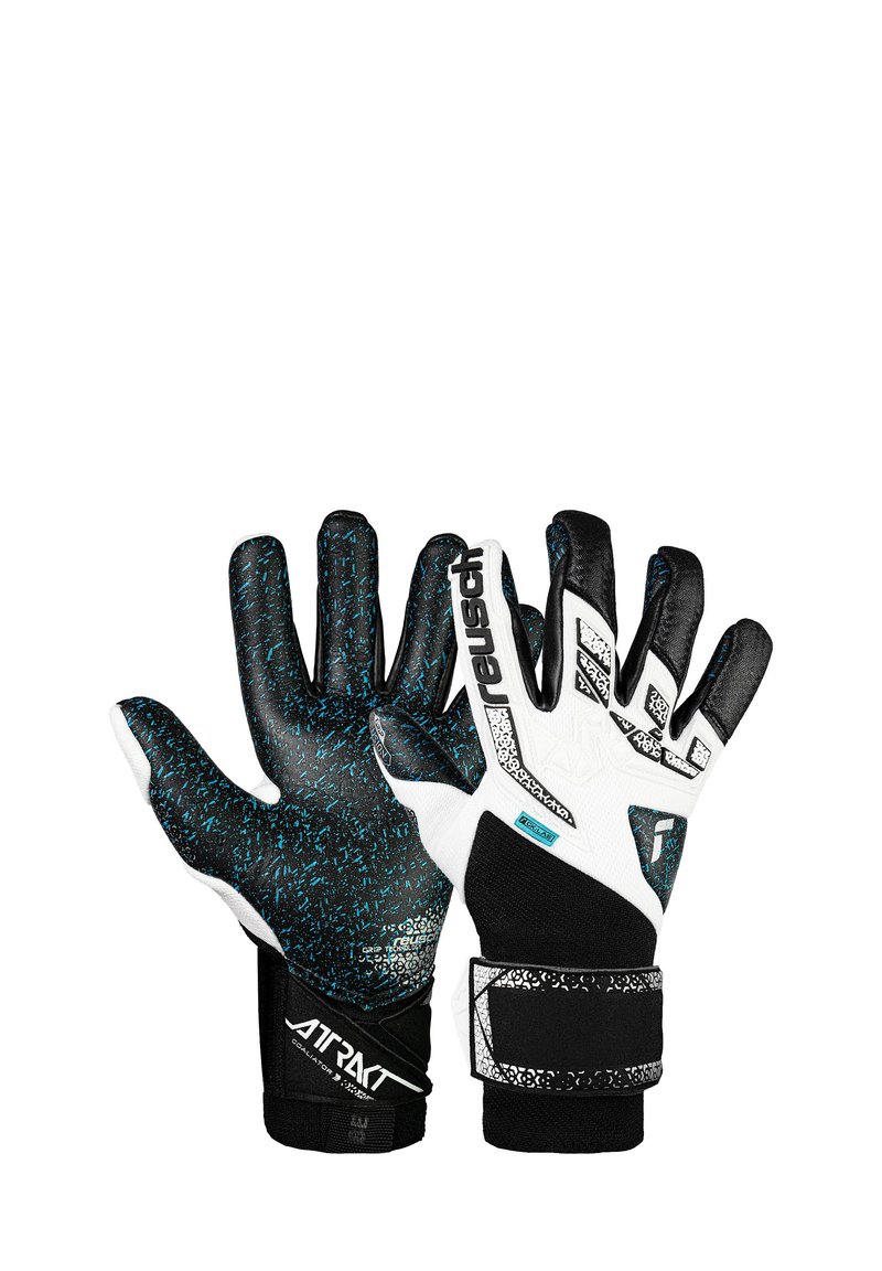 Gants de gardien avec une paume noire et turquoise tachetée, des accents blancs et noirs, une prise texturée et une sangle Velcro au poignet.