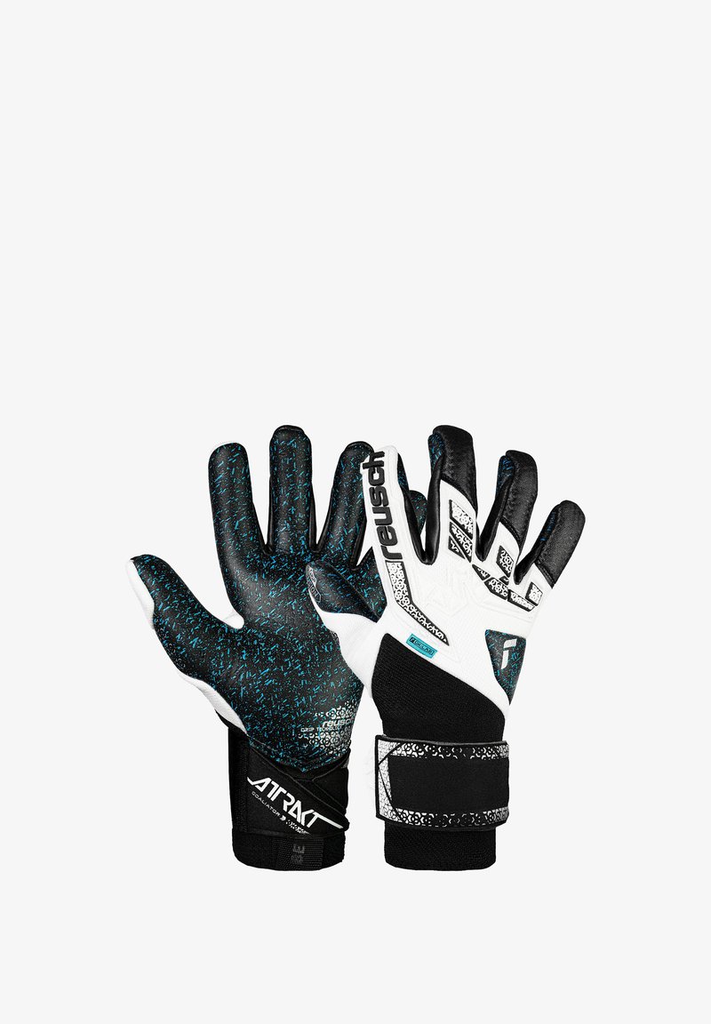 Torwarthandschuhe mit einem schwarz-türkisfarben gesprenkelten Handflächen, weißen und schwarzen Akzenten, strukturierter Griffigkeit und Velcro-Handgelenkband.