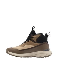 Scarpe da trekking alte in materiale sintetico beige e marrone, con un design testurizzato, dettagli neri e una suola in gomma.