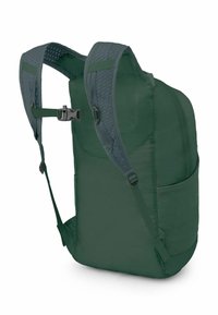 Zaino verde con esterno liscia, spallacci in rete, tasca laterale e cinghia toracica regolabile. Progettato per un supporto ergonomico.