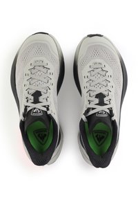 Szare buty sportowe z przewiewną siateczką na cholewce, płaskimi sznurówkami, czarnymi akcentami i zieloną wkładką z logo. Wygięta podeszwa z gumy.