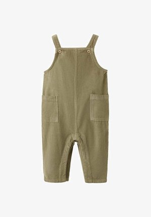 Olivgrüne Cord-Overalls mit verstellbaren Trägern, Holzknöpfen und zwei vorderen Taschen. Mit einem verjüngten Bein-Design.