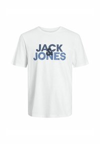 Hvid bomulds T-shirt med "JACK & JONES" i fed navy blå tekst. Standard crew neck og korte ærmer. Glat tekstur, afslappet pasform.