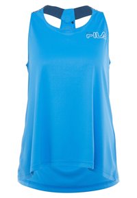 Blå ärmlös sporttop av slät tyg med rundad halslinje, racerback-design och diskret logotypdetalj fram.