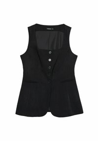 Czarna, dopasowana kamizelka bez rękawów z pięcioma guzikami na przodzie i dwoma małymi, poziomymi kieszeniami po obu stronach.