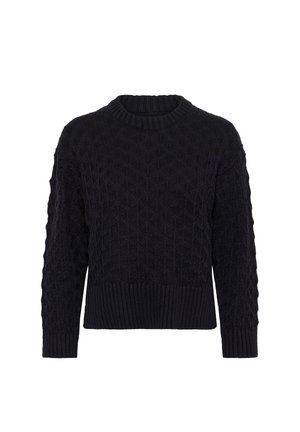 Čierny pletený sveter s textúrovaným diamantom, s rebrovaným okrúhlym výstrihom a rebrovaným spodným lemom, vyrobený z mäkkej zmesi vlny.