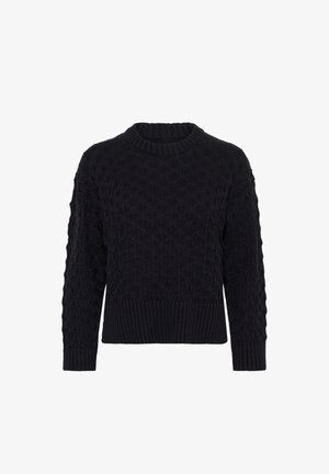 Fekete kötött pulóver, texturált gyémántmintával, bordás kerek nyakkal és bordás szegéllyel, puha gyapjúkeverékből készült.