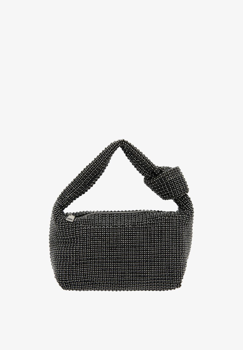 Fekete gyöngyökkel díszített kézitáska, amelynek szabályos, téglalap alakja van, csomózott füllel és fémes díszítéssel, valamint textúrált felülettel rendelkezik.