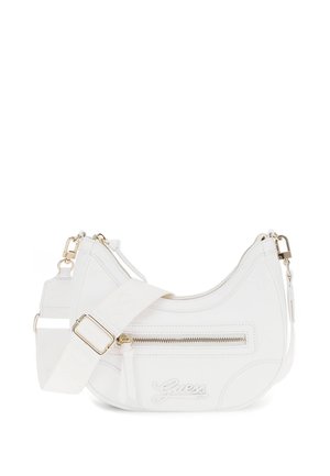 Biała półksiężycowa torebka na ramię z przednią kieszenią na zamek, regulowanym szerokim paskiem, złotym okuciem i wytłoczonym logo "Guess".