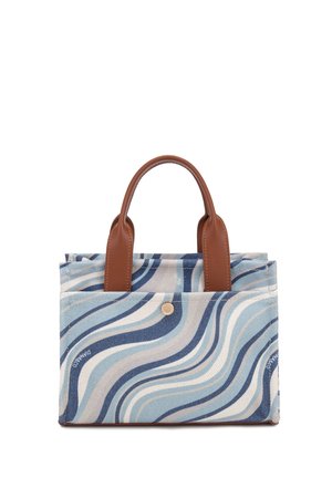 Petit sac cabas avec toile à motif ondulé bleu et blanc et anses en cuir marron, poche avant à pression, forme rectangulaire.