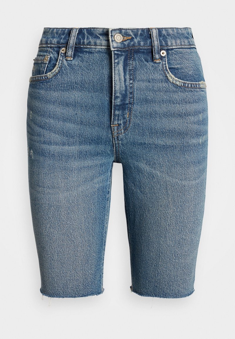 Modré denimové kraťasy ke kolenům s předním knoflíkem, poutky na opasek, pěti-kapsovým stylem a obroušenými okraji.