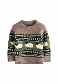 Pull tricoté en rose et vert olive avec des motifs de moutons, des accents noirs et blancs, un col rond côtelé et des manches longues. Texture douce.