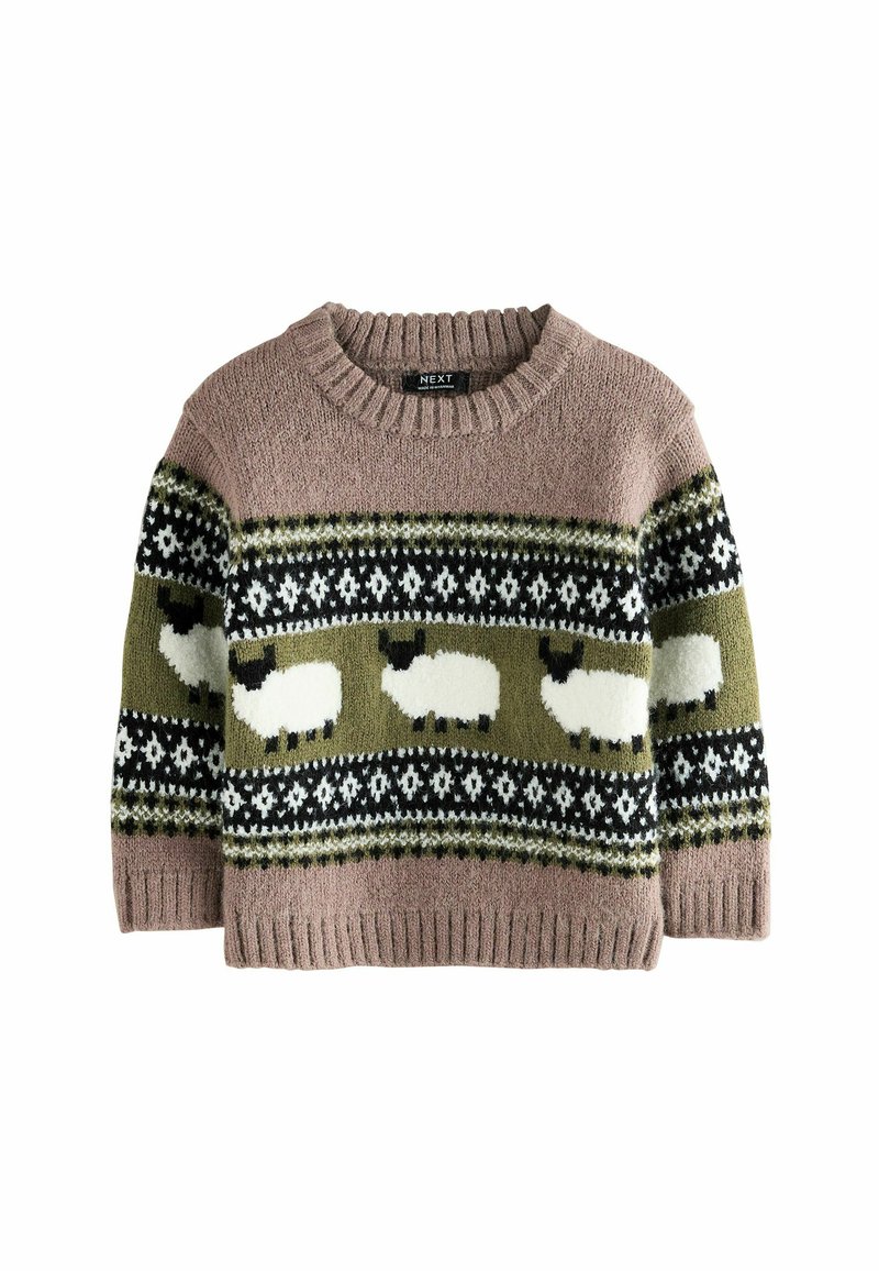 Pull tricoté en rose et vert olive avec des motifs de moutons, des accents noirs et blancs, un col rond côtelé et des manches longues. Texture douce.