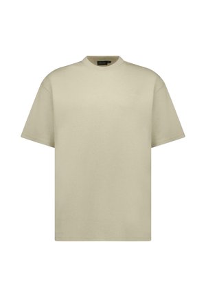 Lichtbeige oversized T-shirt met korte mouwen en een ronde hals, gemaakt van katoen. Voorzien van een subtiel logo aan de voorkant.