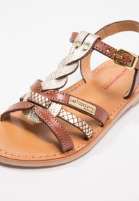 Sandale en cuir marron avec des brides en cuir tressé argentées, des accessoires en métal doré, et une semelle intérieure en beige. Détails texturés et logo sur le côté.