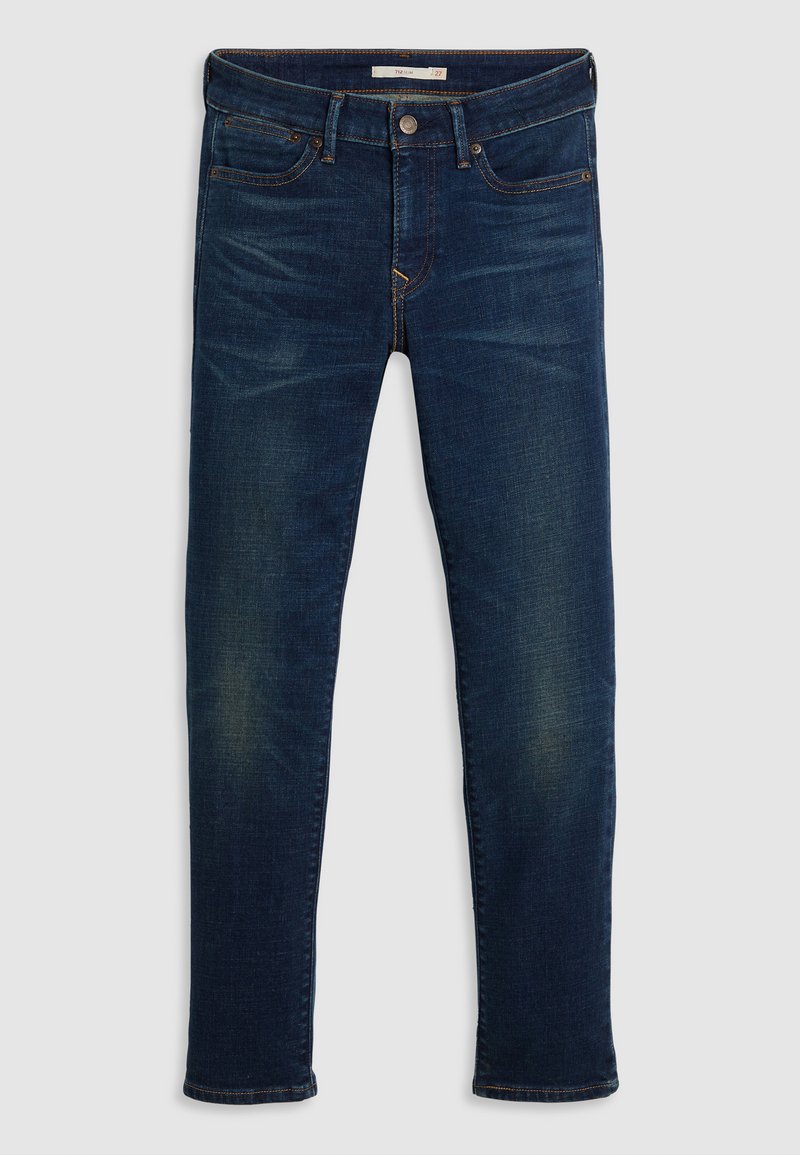 Dunkelblaue Jeans aus Denim mit Slim-Fit-Schnitt, fünf Taschen und Kontrastnähten. Verfügt über dezente Ausbleichungen und einen geraden Beinschnitt.