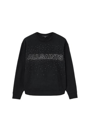 Schwarzer Sweatshirt mit Rundhalsausschnitt, mit der Aufschrift "ALLSAINTS" in großen, verzierten Buchstaben und verstreuten Strasssteinen auf der Vorderseite.