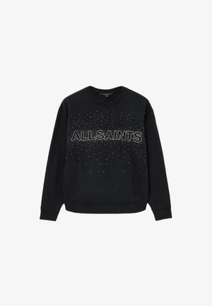 Musta collegepaita pyöreällä kaula-aukolla, jossa on suuri, koristeltu "ALLSAINTS" -teksti ja hajallaan olevia rhinestone-kiviä edessä.