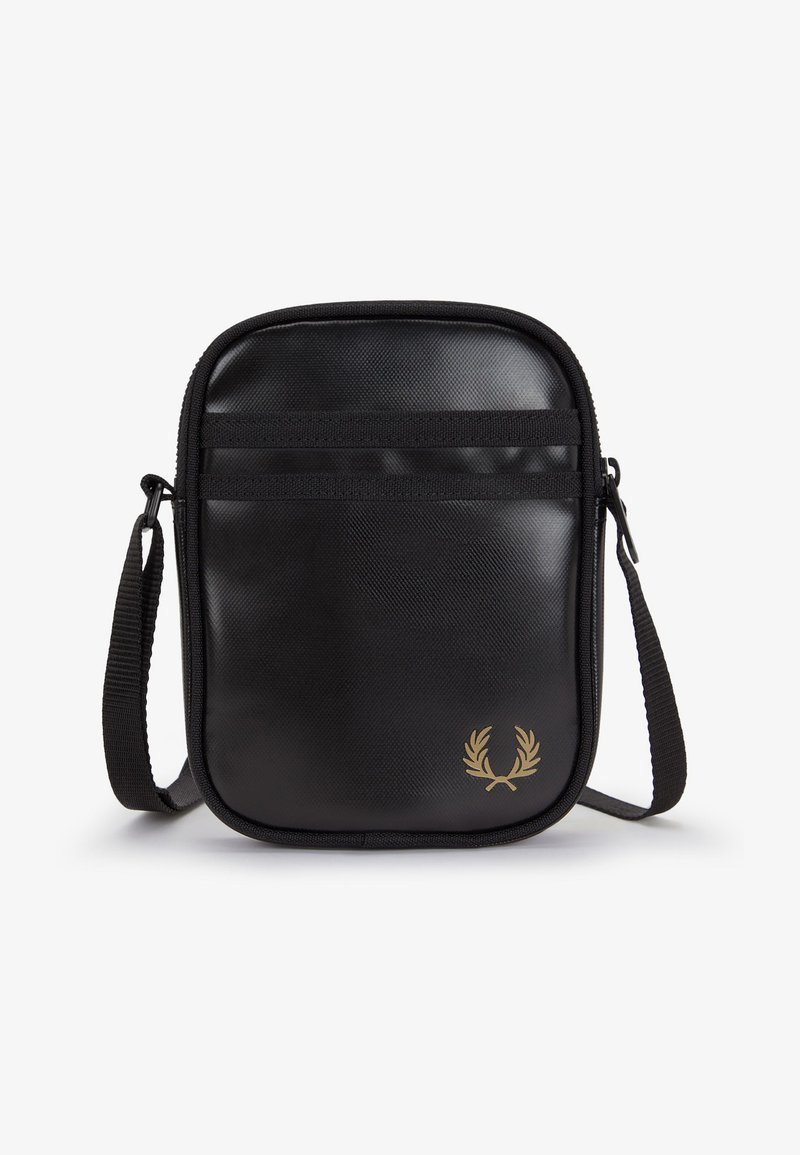 Sac bandoulière noir avec sangle réglable, poche zippée à l'avant, finition texturée et petit logo couronne de laurier doré en bas à droite.