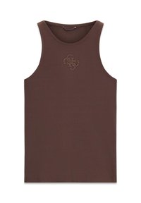 Bruin geribd tanktop met een ronde halslijn, met een klein, glinsterend logo aan de voorkant. Gladde textuur, mouwloos ontwerp.