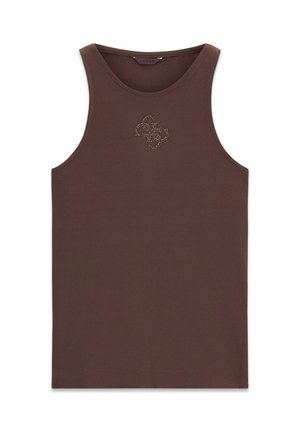Bruin geribd tanktop met een ronde halslijn, met een klein, glinsterend logo aan de voorkant. Gladde textuur, mouwloos ontwerp.