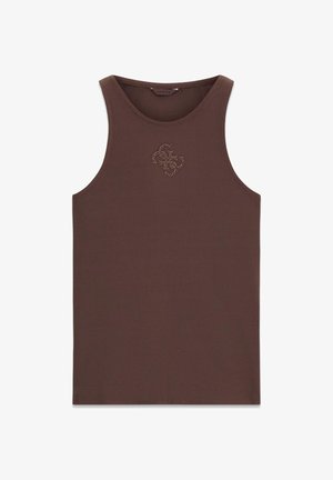 Bruin geribd tanktop met een ronde halslijn, met een klein, glinsterend logo aan de voorkant. Gladde textuur, mouwloos ontwerp.