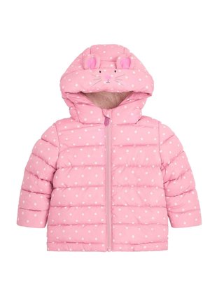 Doudoune rose pour tout-petit avec des pois blancs, fermeture éclair à l'avant et capuche avec un visage et des oreilles de lapin.