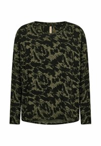 Långärmad topp i mörkgrön med ett svart abstrakt mönster, med rund halsringning och avslappnad passform. Mjuk, texturerad tyg.