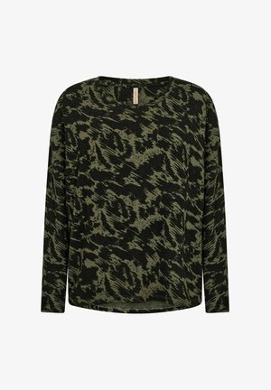 Hosszú ujjú felső sötétzöld színben, fekete absztrakt mintával, kerek nyakkivágással és laza szabással. Puha, textúrált anyag.