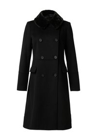 Black wool coat featuring a fur collar, double-breasted design with six buttons, and side pockets. Smooth texture and knee-length cut.