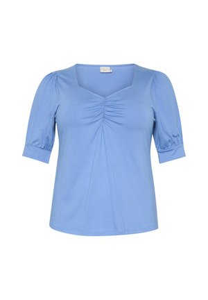 Haut bleu clair à manches courtes avec un col carré, des détails froncés à l'avant et des manches ajustées. Tissu doux et extensible.