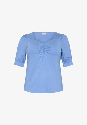 Haut bleu clair à manches courtes avec un col carré, des détails froncés à l'avant et des manches ajustées. Tissu doux et extensible.