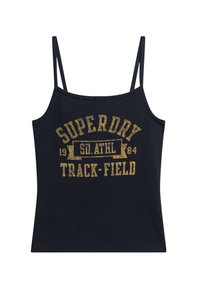 Débardeur bleu marine avec des bretelles fines et une texture côtelée. Graphique doré imprimé sur écran "SUPERDRY TRACK-FIELD" sur le devant.