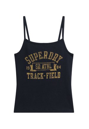 Navy Tanktop mit dünnen Trägern und gerippter Textur. Goldfarbig bedruckter "SUPERDRY TRACK-FIELD" Schriftzug auf der Vorderseite.